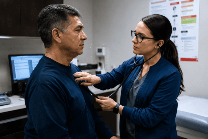 image-Doctor-patient-interaction-in-exam-room Occupational health professional conducting fit-for-duty exams for workplace safety