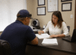 Occupational health professional completing pre-employment medical screenings with a candidate