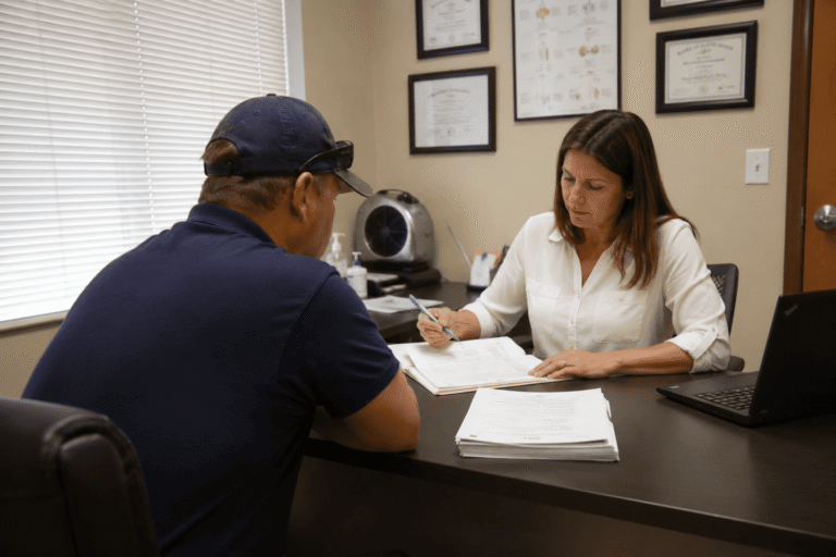 Occupational health professional completing pre-employment medical screenings with a candidate