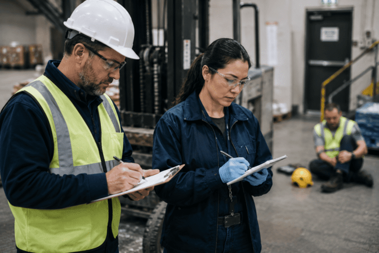 Safety team coordinating post-accident testing after a workplace incident