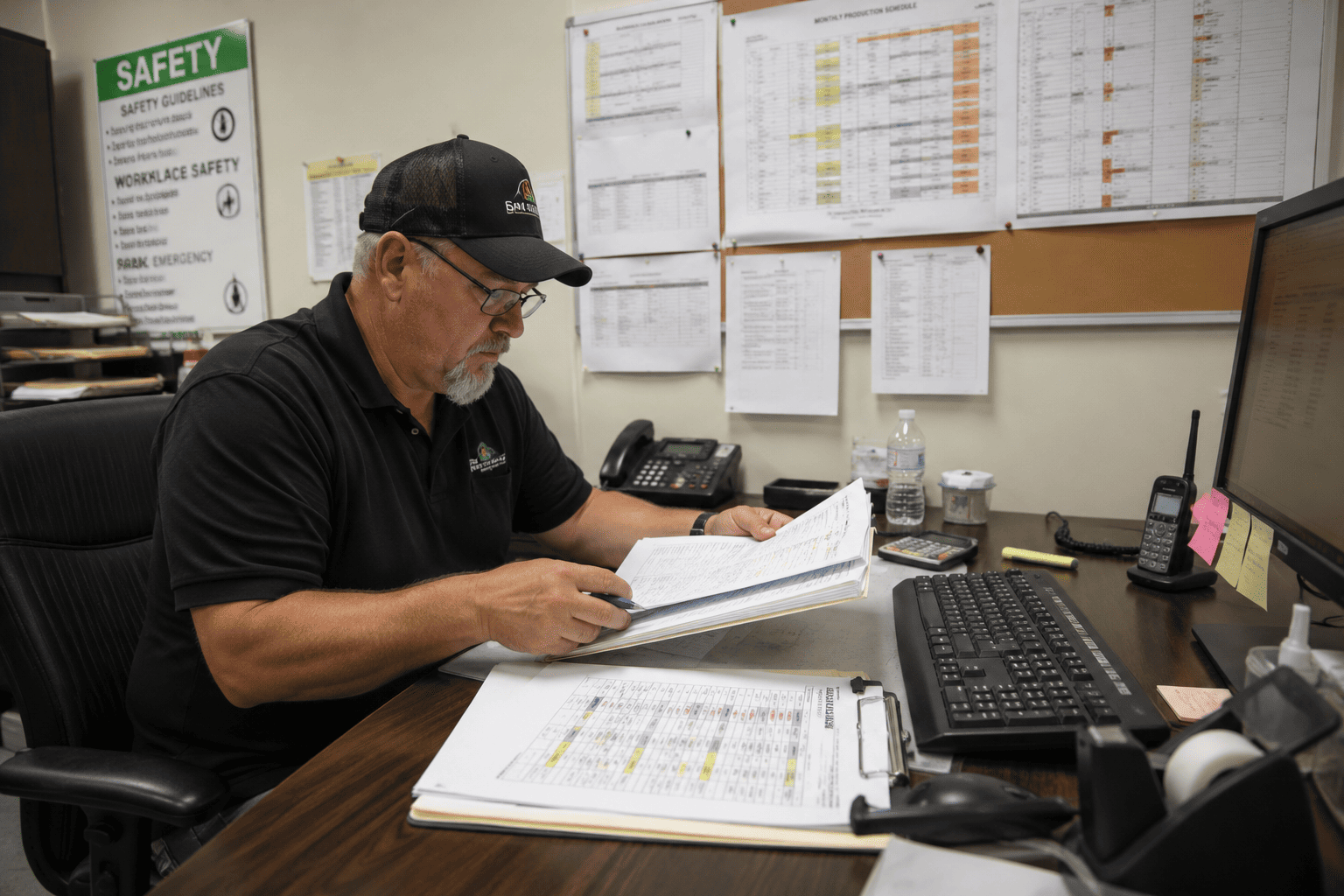 Safety manager reviewing inconsistent drug testing records and operational downtime risks