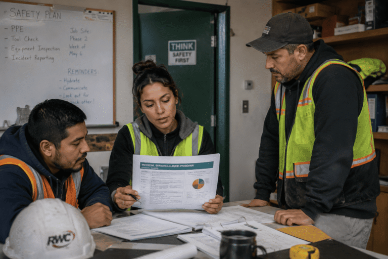 image-Safety-briefing-in-a-worksite-office Professionals reviewing medical surveillance programs strategic strategy and planning documents