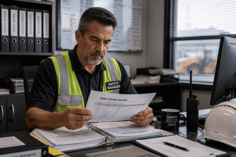 Safety manager reviewing drug testing programs and safety performance records